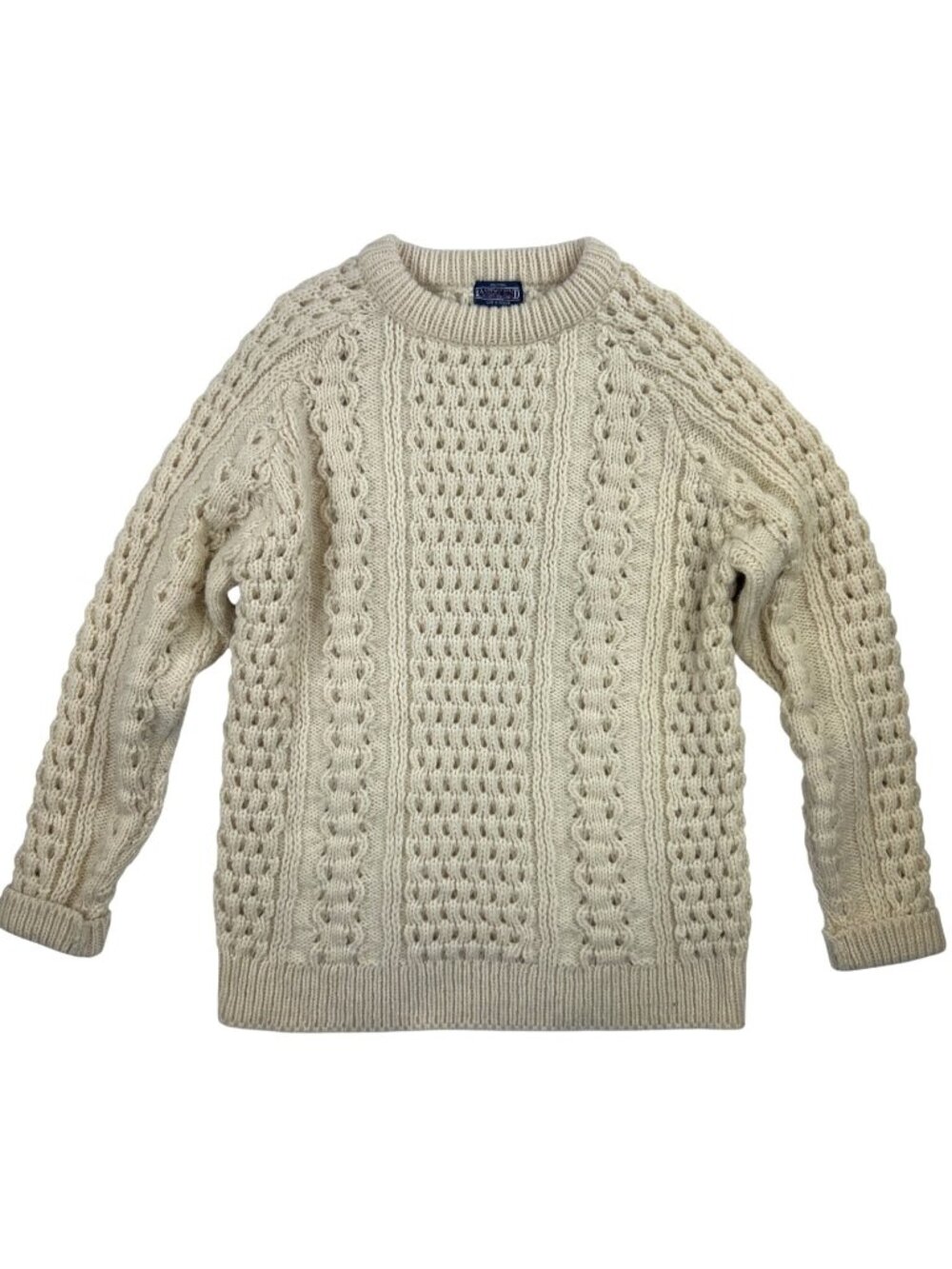Vtg Lands’ End Irish Aran Cable Knit Fisherman Sweater Women’s L 100% Wool Cream - Picture 2 of 11